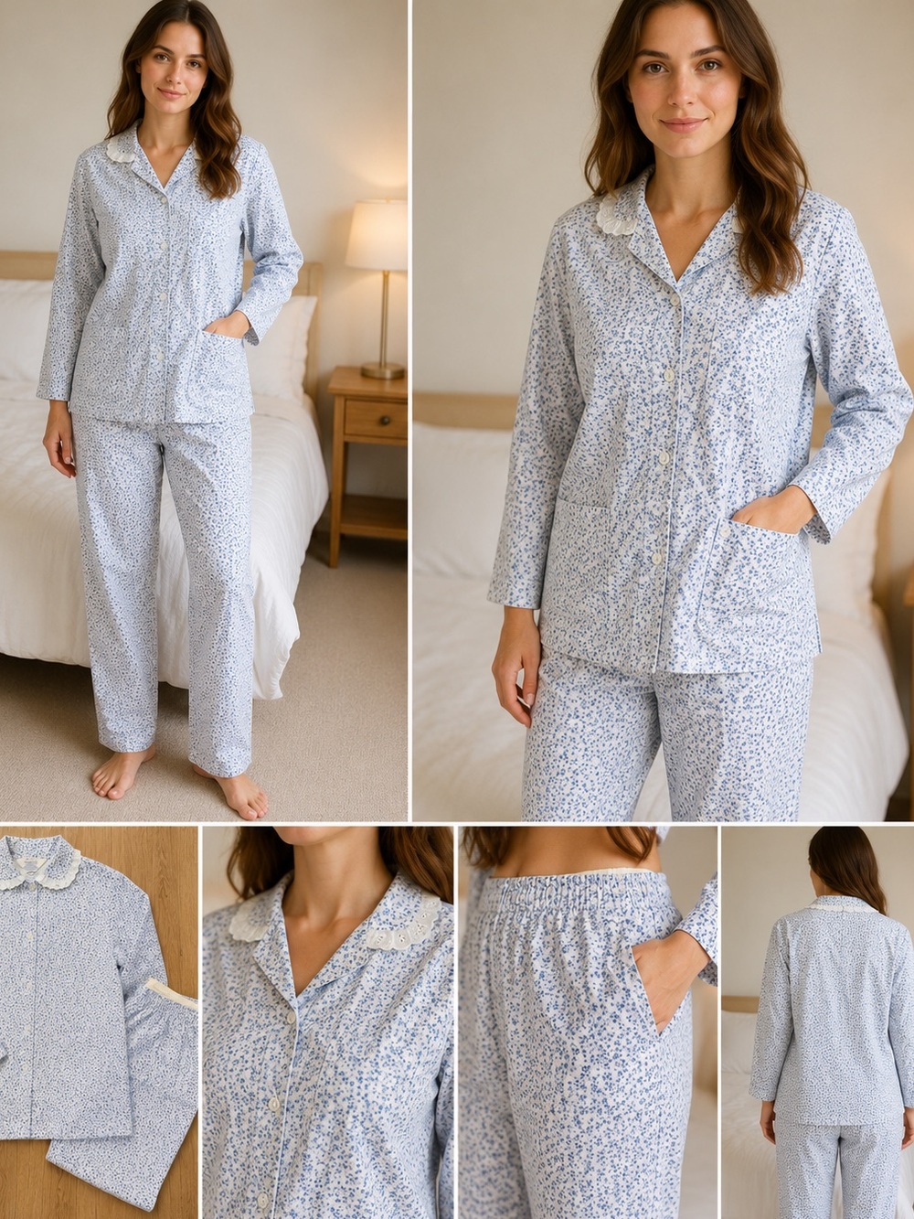 Vintage Tommies Blue Floral 100% Cotton Pajama Set Eyelet Lace Collar Size 34